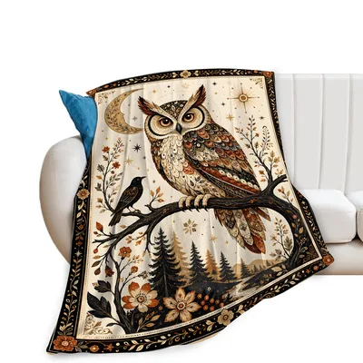 Vintage Owl on Branch Blanket: Gothic Forest Art for Night Lovers