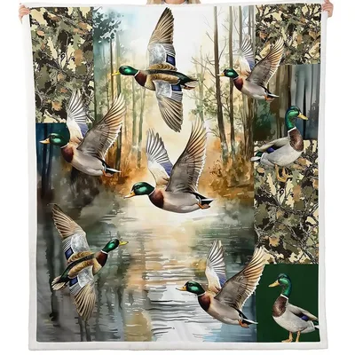 Mallard Ducks Over Lake Blanket: Flying Birds and Camo Design