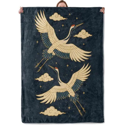 Golden Cranes with Stars Blanket: Elegant Flying Birds Design