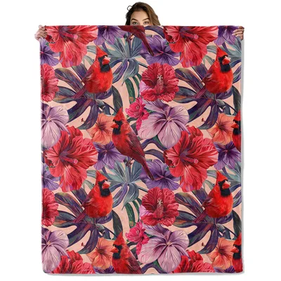 Cardinal Birds with Red Flowers Blanket: Vibrant Floral and Bird Art