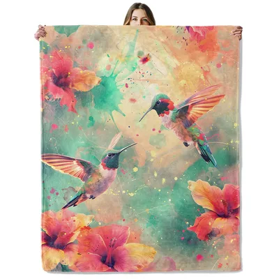 Hummingbirds with Watercolor Flowers Blanket: Vibrant Floral Art