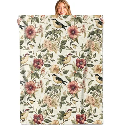 Vintage Floral Songbird Pattern Blanket: Retro Bird and Flower Throw