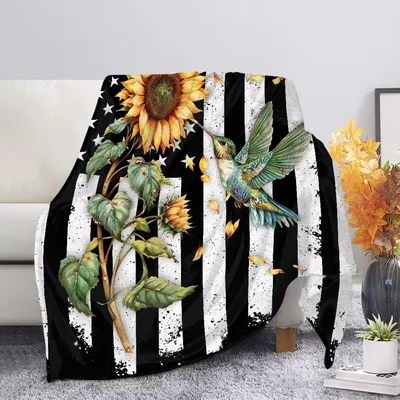 Sunflower Hummingbird on Stripes Blanket: Nature Meets Bold Pattern