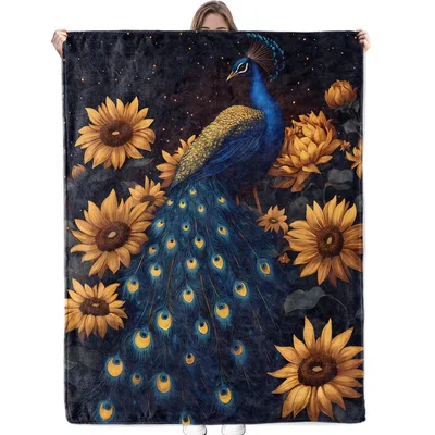 Peacock with Sunflowers Blanket: Majestic Bird Amidst Golden Blooms