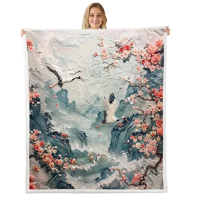 Crane Birds Cherry Blossom Blanket: Ukiyoe Style Mountain Art