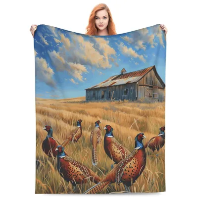 Pheasants in Field Blanket: Rustic Barn and Roosters Art