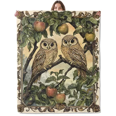 Vintage Twin Owls Blanket: Vintage Artistic Owl and Apple Tree Design