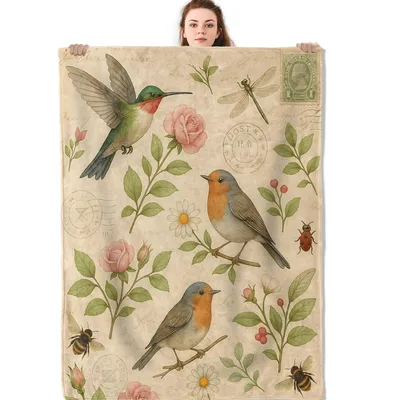 Vintage Birds Botanical Floral Blanket: A Nature-Inspired Throw