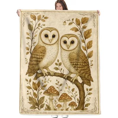 Two Owls on Branch Blanket: Vintage Barn Owls and Mushrooms Design