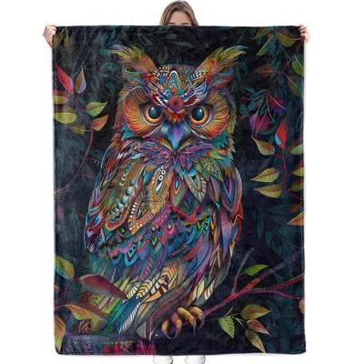Colorful Owl on Branch Blanket: Vibrant Folk Art Owl Design