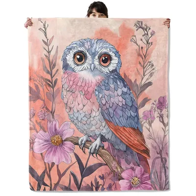 Pastel Owl with Flowers Blanket: Watercolor Bird Art for Nature Lovers