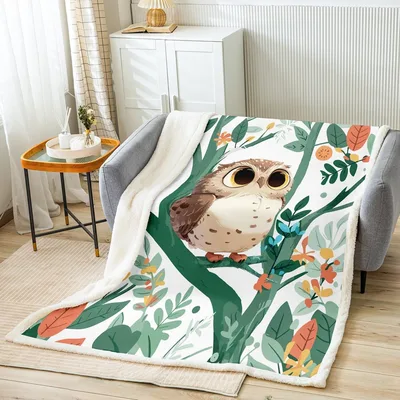 Owl Among Green Leaves Blanket: Cute Cartoon Owl on Branch