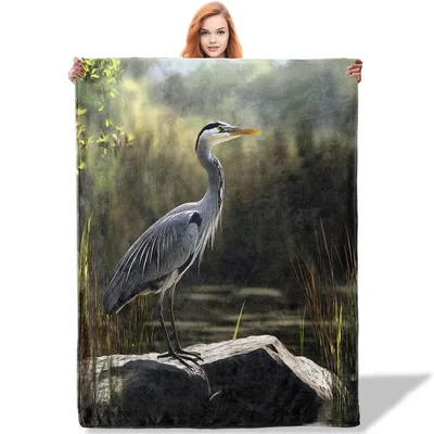 Great Blue Heron Blanket: Majestic Bird on Log Design