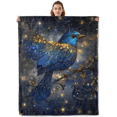 Golden Starry Bird Blanket: Celestial Blue Bird on Branch Art