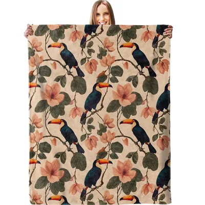 Toucan and Hibiscus Flowers Blanket featuring vintage-style toucans