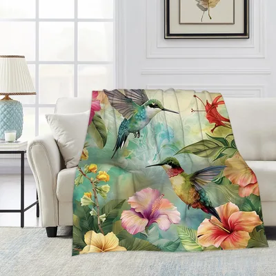 Tropical Hummingbirds and Hibiscus Blanket for Nature Lovers