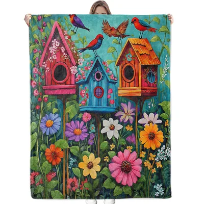 Colorful Birdhouses and Flowers Blanket for Garden Lovers