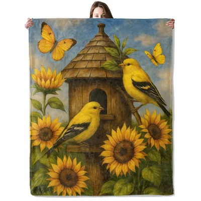Goldfinch Birds and Sunflowers Blanket featuring yellow finches