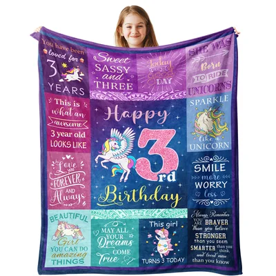 3rd Birthday Unicorn Blanket for a Little Girl Turning Three