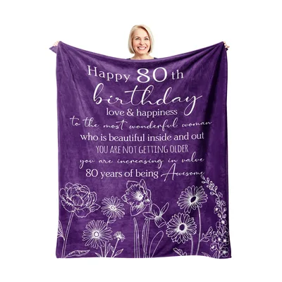 80th Birthday Woman Blanket: Purple Floral Throw for Her