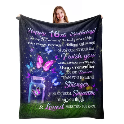 Happy th Birthday Blanket with glowing butterflies a jar