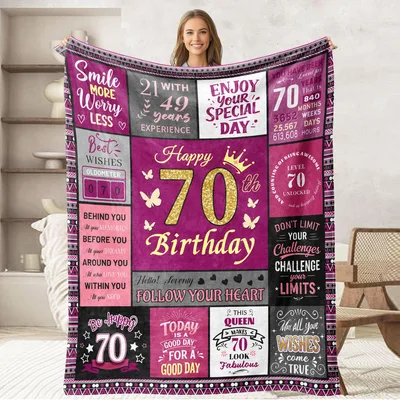Happy 70th Birthday Woman Blanket featuring a pink