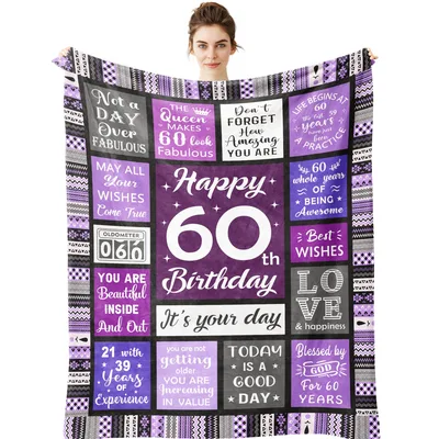 Happy 60th Birthday Typography Blanket: Bold Purple Word Tiles