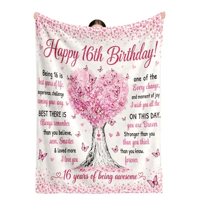 Happy 16th Birthday Pink Heart Tree Blanket for a Sweet Sixteen