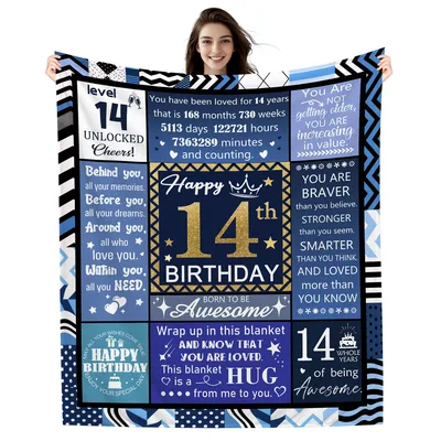 Blue 14 Year Old Birthday Blanket for a Teen Boy