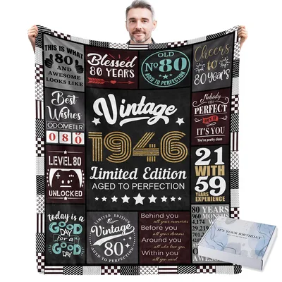 Vintage 1946 Charcoal Checkered Blanket: 80th Birthday Gift for Men