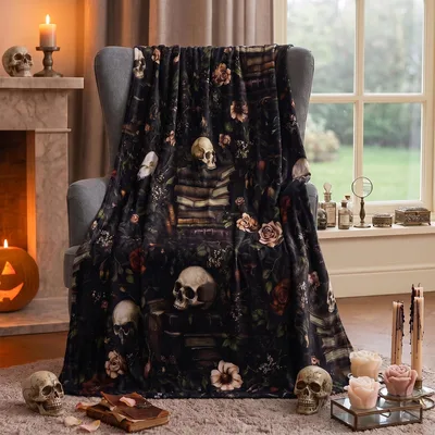 Skull and Books Blanket for Bookish Gothic Decor