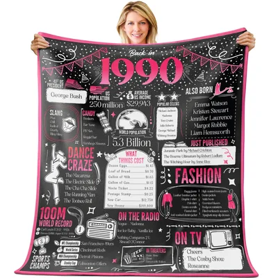 1990 Birthday Trivia Board Blanket featuring 1990s pop culture