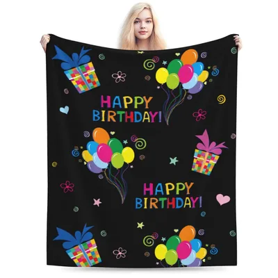 Colorful Birthday Blanket: Balloons and Gifts on Black