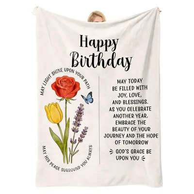 Religious Birthday Blanket with Floral Blessing Design