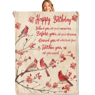 Cardinal Birds Birthday Blanket for Someone Special