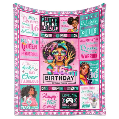 Black Girl 16th Birthday Blanket featuring bold typography