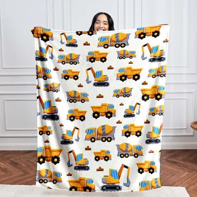 Cream Dump Trucks Blanket: Construction Vehicle Pattern for Kids
