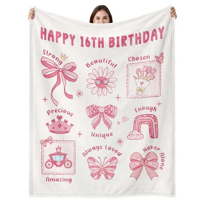 Happy th Birthday Strong Blanket with pink bows tiara