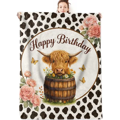 Highland Cow Birthday Blanket - Cozy Barrel and Florals
