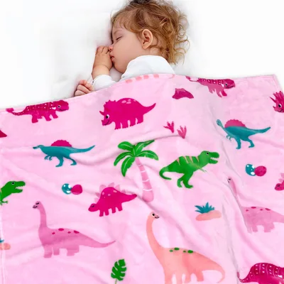 Pink Dinosaur Blanket featuring colorful prehistoric creatures