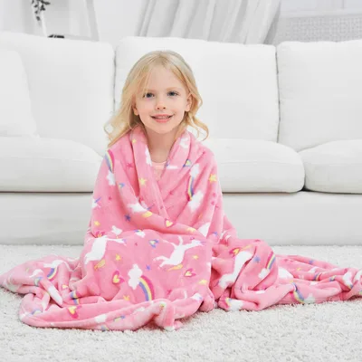Pink Unicorn Pattern Blanket featuring white horses rainbows