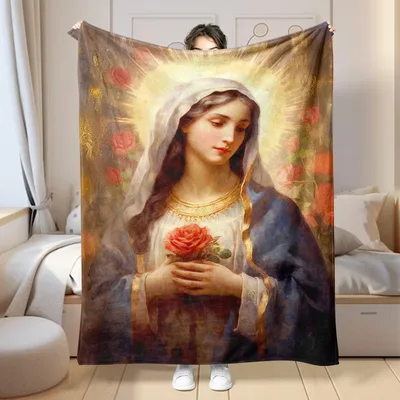 Mary Holding Rose Portrait Blanket: Classical Art Design for Faith