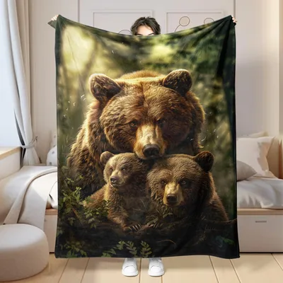 Brown Bear Family Blanket: Realistic Grizzly Bears in Forest Setting