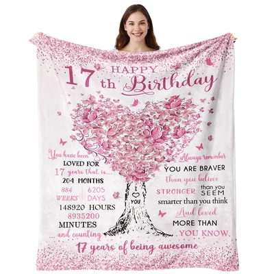 Happy 17th Birthday Tree Blanket featuring a floral heart tree