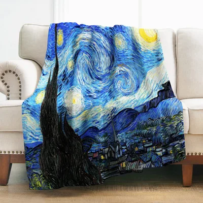 Starry Night Village Painting Blanket: Swirling Art for Your Couch