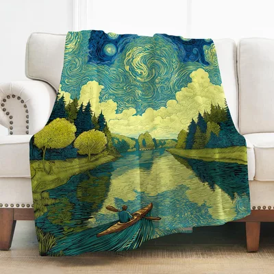 Rowing Boats Landscape Painting Blanket: Swirling River Art