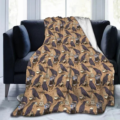 Crows Pattern Print Blanket: Black Birds and Coffee Makers