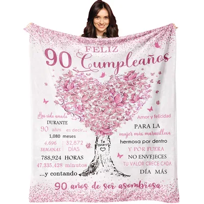 Feliz 90 Cumpleaños Tree Blanket features a pink