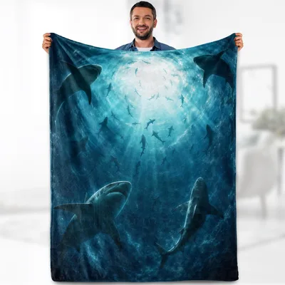 Sharks Moonlit Ocean Blanket: Deep Blue Underwater Scene