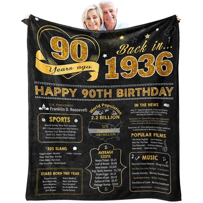 Back in 1936 Ninetieth Birthday Blanket featuring gold glitter text